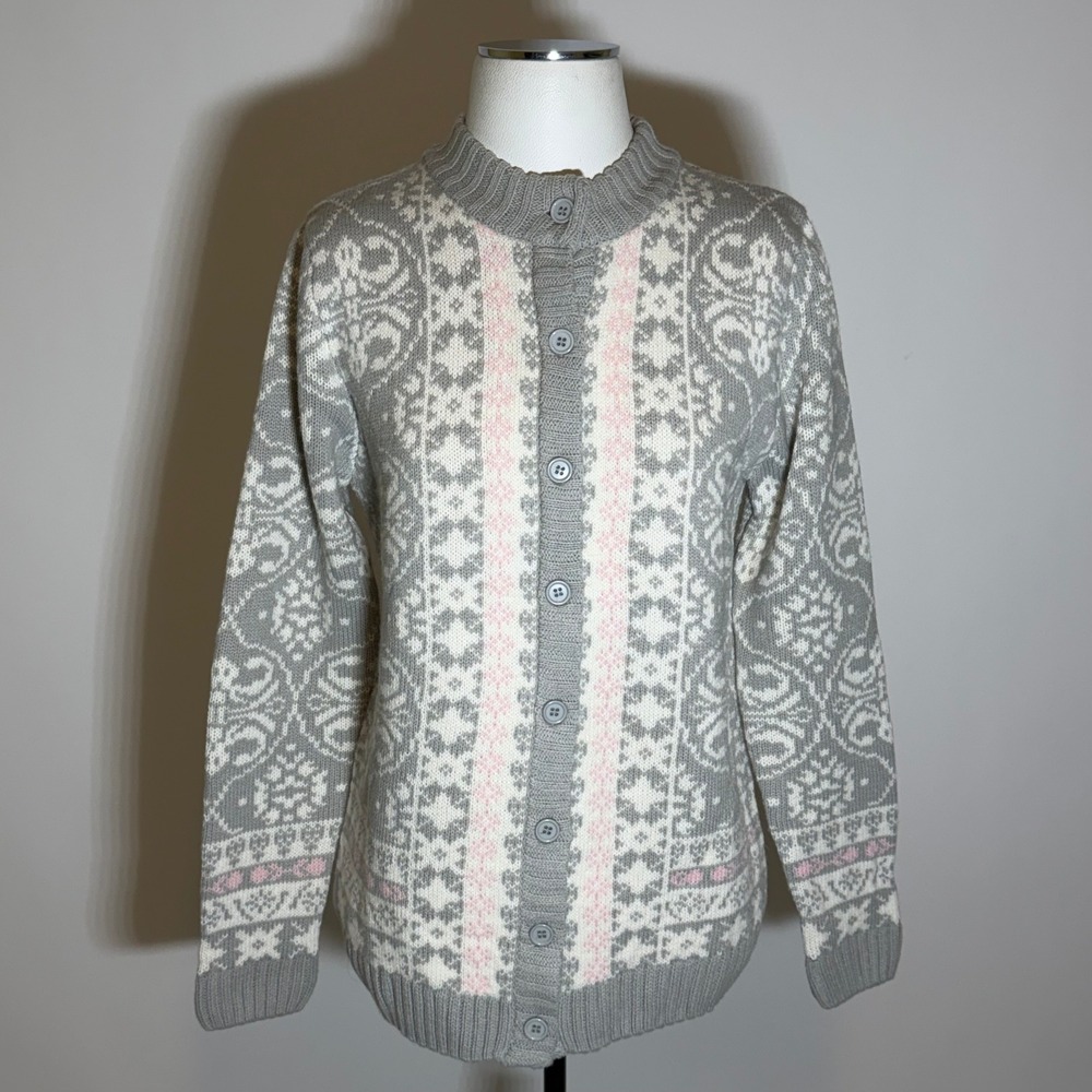 Vintage National Womens Gray/Pink Fair Isle Nordic Knit Cardigan Sweater Medium